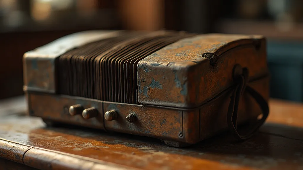 Vintage accordion on a wooden table.