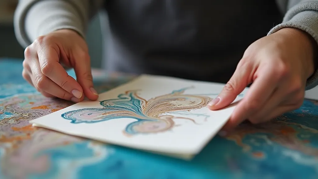 Marbling artist transferring color to paper