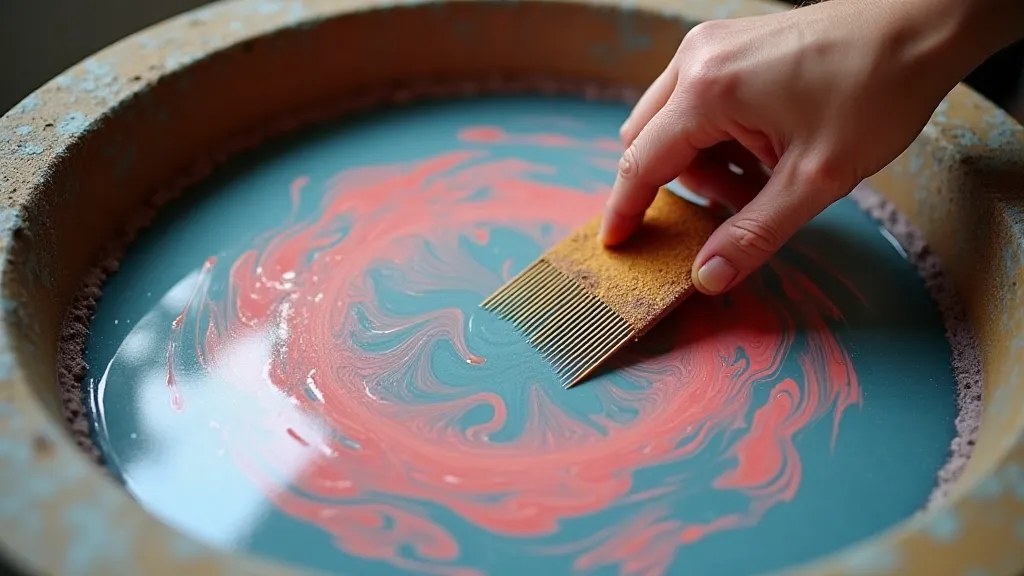 Hand using a comb to marble paper