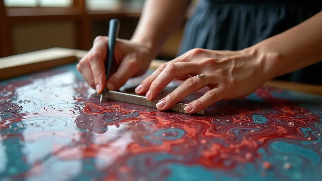 Marbling tool being used to manipulate colors.