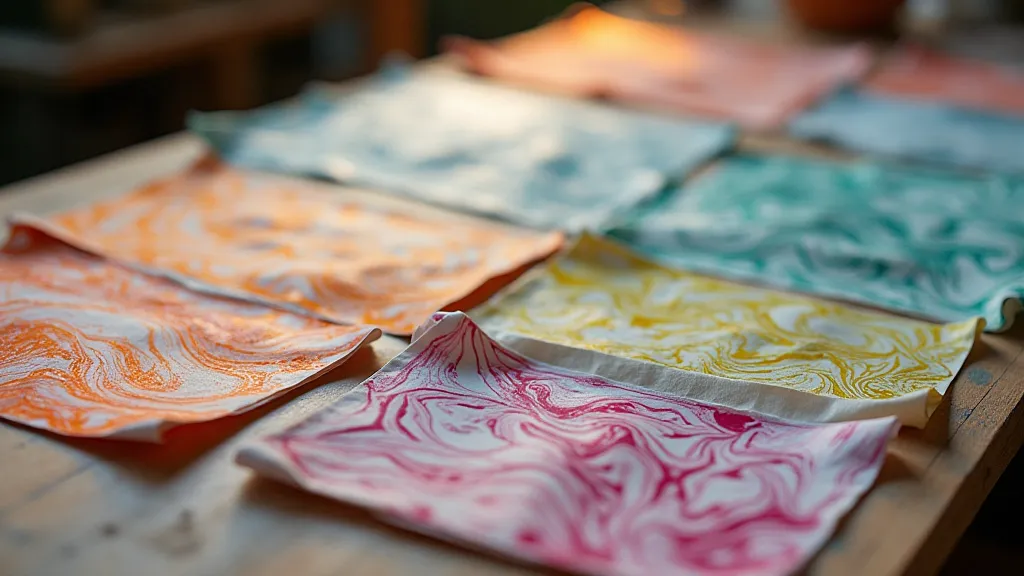 Collection of finished paper marbling sheets.