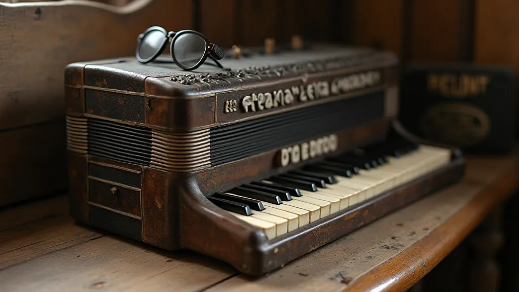 A vintage accordion on a wooden table.