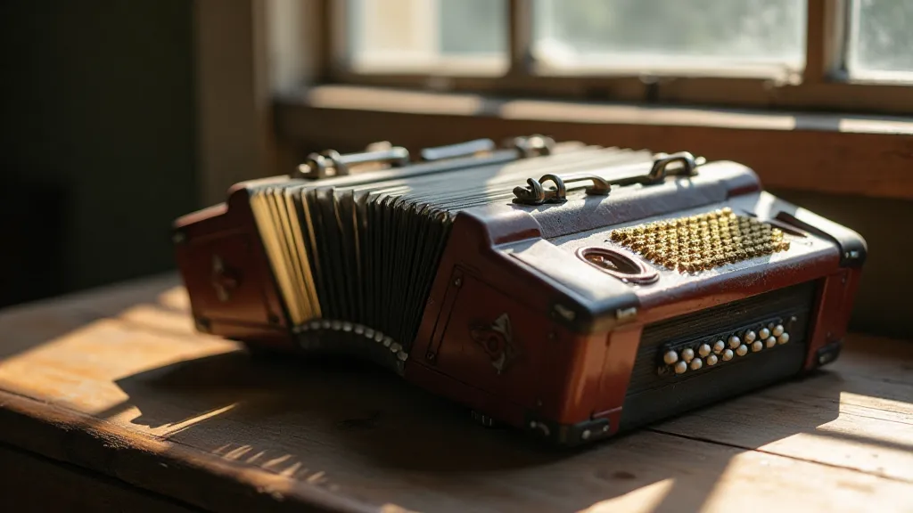 Vintage accordion on a wooden table